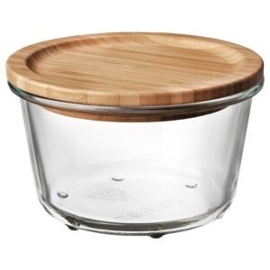 Food container with lid, round glass/bamboo, 600 ml